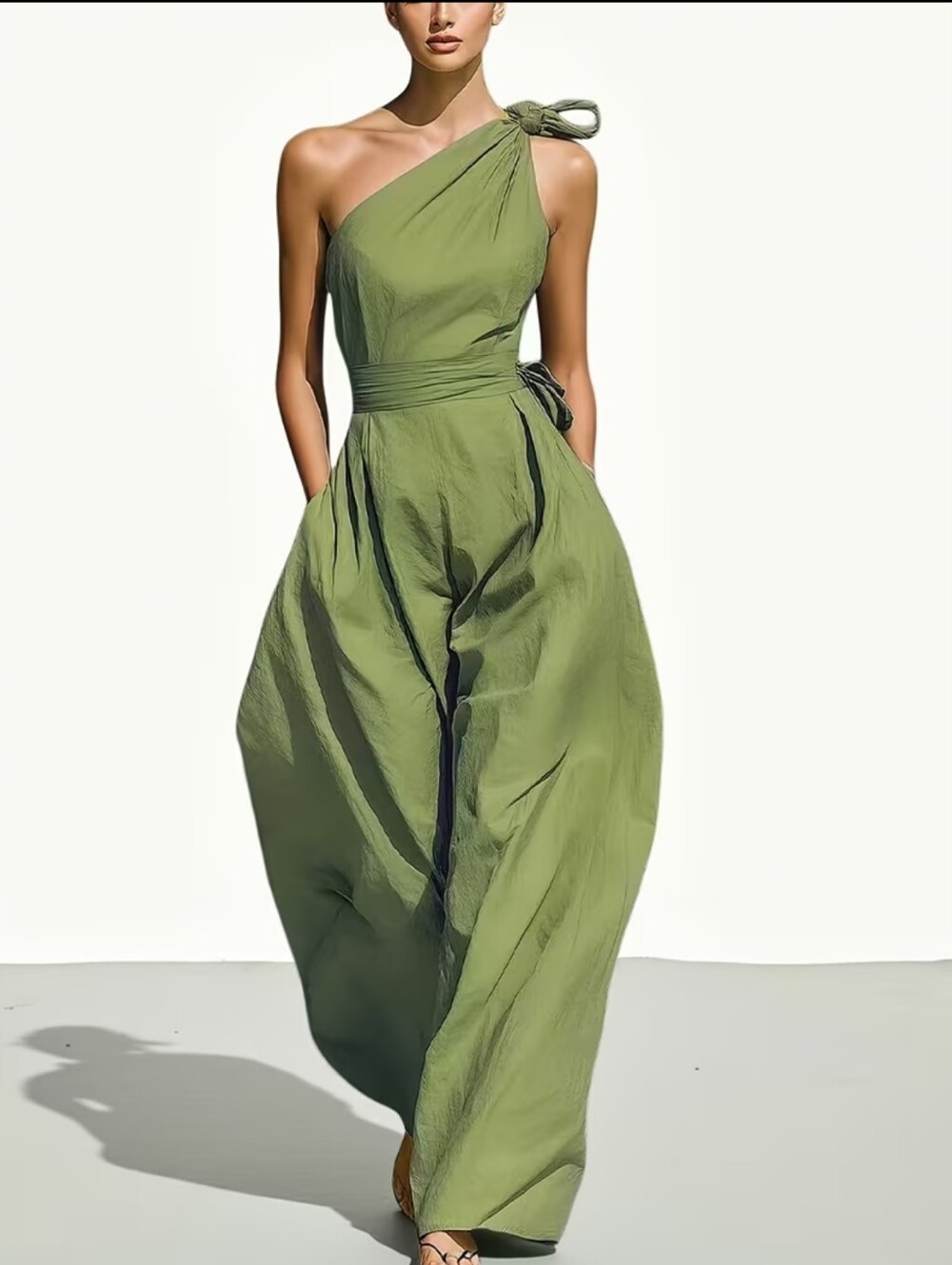 One Shoulder Tie Waist Wide Leg Jumpsuit, Women'S Casual Solid Color Summer Outf